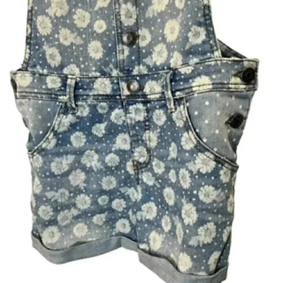 Cherokee White Daisy Flower Blue Denim Print Shortalls Overalls Girls Sz X Large - Picture 3 of 11